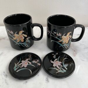 Vintage 1970s Interpur Black Floral Daffodil Mug Set of 2 with lids